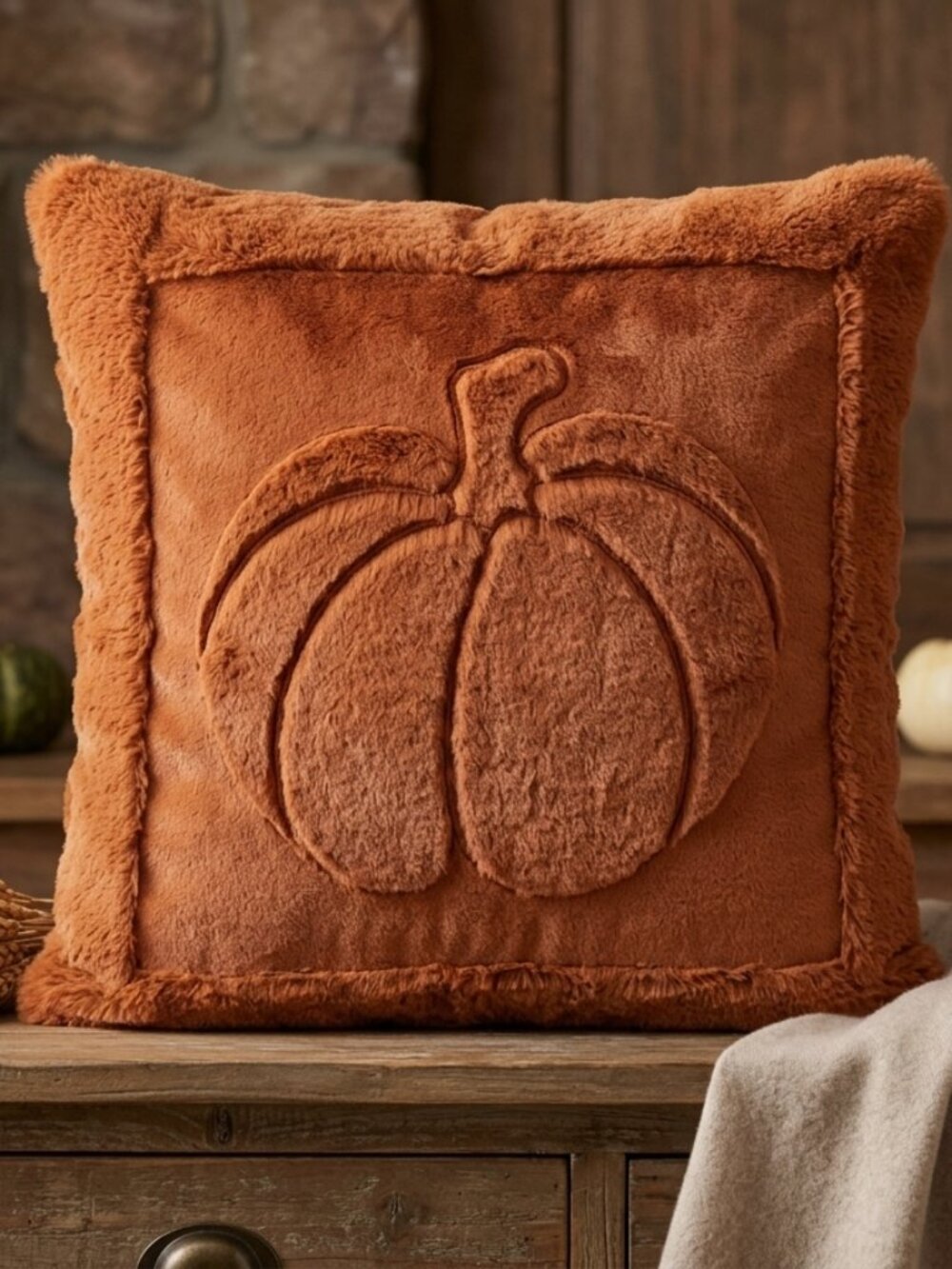 Embossed Pumpkin Halloween Throw Pillow Cover – Soft Faux Fur Fluffy Cushion Cas - Picture 1 of 3